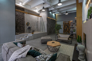 brutal ultra trendy interior design of an open-plan apartment with an open shower decorated with gray stone