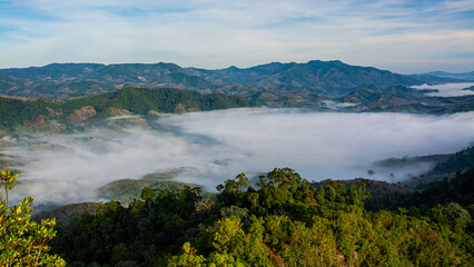 Betong, Yala, Thailand  2020: Talay Mok Aiyoeweng skywalk fog viewpoint there are tourist visited sea of mist in the morning