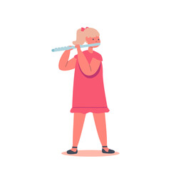 Little Girl Playing Flute Blow Musician Composition. Child Character Playing, Training in Music School or Performing