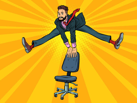 Businessman jumps up, funny leg pose wide. Joy emotions success
