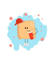 Cookie character. Drink in hand. Cartoon cookie in a cap.