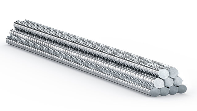 Stack of heavy metal reinforcement bars on the white background. 3d rendering