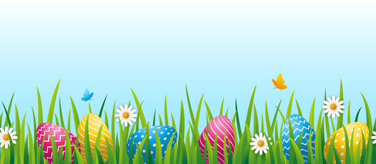Easter egg hunt festive banner. Vector illustration with colorful eggs in a grass.