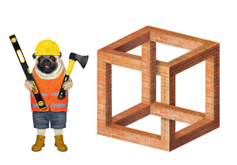 Dog pug bricklayer in a helmet with an axe and a building level is near an impossible brick cube....