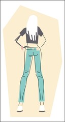 Woman in jeans standing, back view, denim fashion, sketch style vector