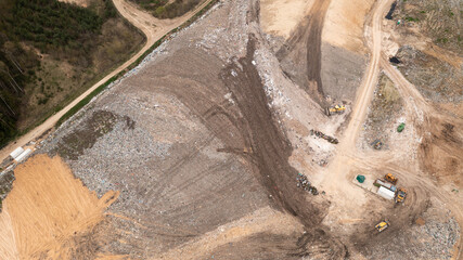 Aerial view of city dump or landfill. Pollution concept, top view.
