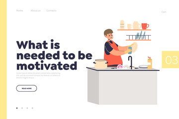 Kids doing household chores concept of landing page with boy in apron washing dishes in kitchen