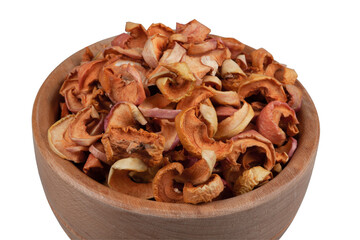 Dried apples in a bowl on white background