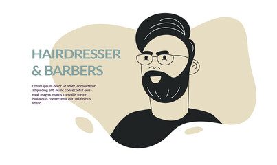 Beard face doodle man avatar with mustache and trendy haircut. Barbershop template, barber flyer or card design. Black and white character flat vector illustration. Fashion bearded man face portrait