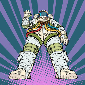 A giant astronaut in a majestic pose. Space exploration, hero of the universe