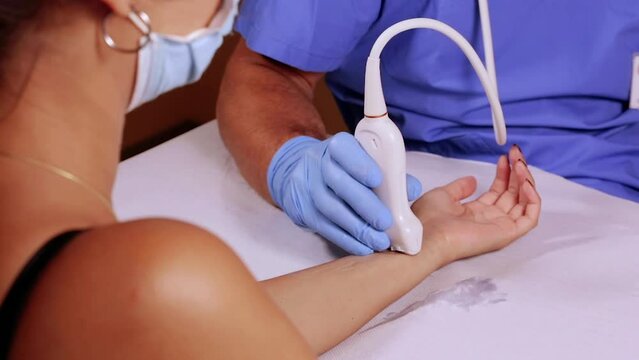 Doctor doing wrist ultrasound scan on patient, young woman. Hand examination with an US probe. An ultrasound technician examines wrist tendons in a patient.