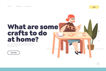 Crafts to do at home concept of landing page with little girl kid making paper craft