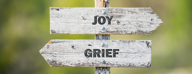 opposite signs on wooden signpost with the text quote joy grief engraved. Web banner format.