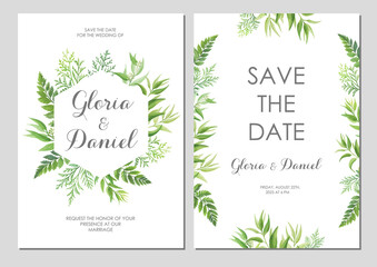 Wedding invitations with green leaves border. Invite card with place for text. Frame with forest herbs. Vector illustration.