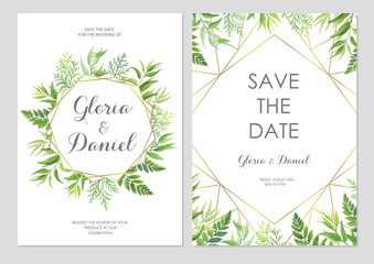 Wedding invitation with green leaves border and geometric frames. Invite card with place for text. Frame with forest herbs. Vector illustration.
