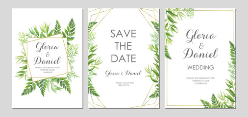 Wedding invitation with green leaves border and geometric frames. Invite card with place for text. Frame with forest herbs. Vector illustration.