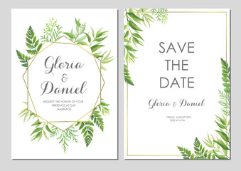 Wedding invitation with green leaves border and geometric frames. Invite card with place for text. Frame with forest herbs. Vector illustration.