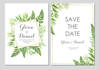 Wedding invitation with green leaves border and geometric frames. Invite card with place for text. Frame with forest herbs. Vector illustration.