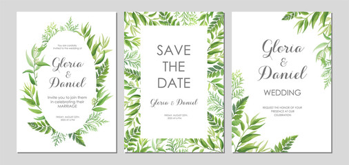 Wedding invitations with green leaves border. Invite card with place for text. Frame with forest herbs. Vector illustration.