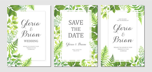 Wedding invitations with green leaves border. Invite card with place for text. Frame with forest herbs. Vector illustration. © artnata