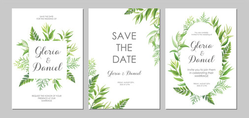 Wedding invitations with green leaves border. Invite card with place for text. Frame with forest herbs. Vector illustration.