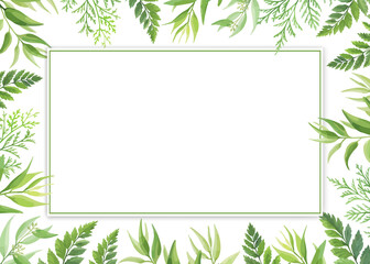 Green leaves rectangular frame template. Floral border with place for text. Forest herbs design. Vector illustration.