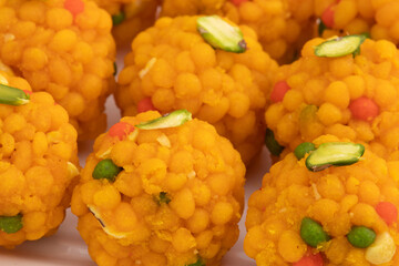 Jodhpuri Bundi Laddu Also Called Tiranga Boondi Ladoo Mithai Is Made Of Besan Sooji Suji Desi Ghee Is Enjoyed On Deepawali, Dussehra, Rakshabandhan, Rakhi, Vinayaka Ganesh Chaturthi and Janmasthami