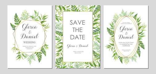 Wedding invitation with green leaves border and geometric frames. Invite card with place for text. Frame with forest herbs. Vector illustration.
