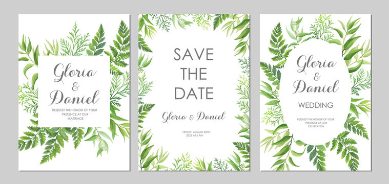 Wedding Invitations With Green Leaves Border. Invite Card With Place For Text. Frame With Forest Herbs. Vector Illustration.