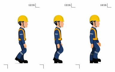 An industrial worker is walking on white background