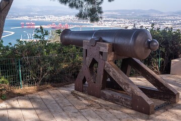 Antique 19th century Ottoman cannon standing on Mount Carmel in Haifa overlooking the bay.
