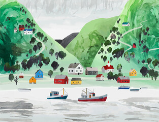 Norway. Undredal, village at Aurland fjord. Watercolor vector landscape with norwegian houses, trees, ships and mountains. Scandinavian nature. - obrazy, fototapety, plakaty