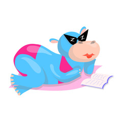 vector illustration of a hippo girl in a swimsuit and glasses lying on the beach and reading a magazine