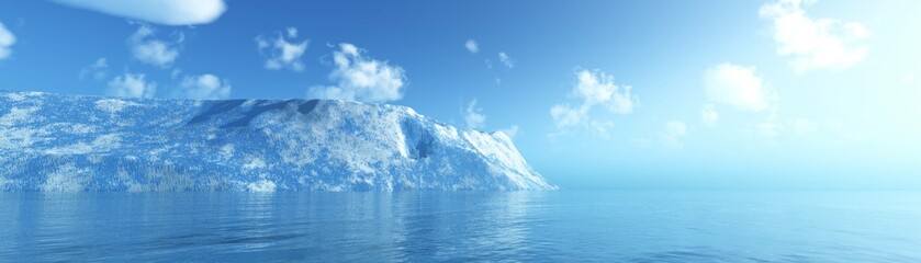 Iceberg in the ocean in the morning, north sea panorama with glacier, 3d rendering