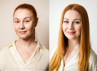 Woman before and after makeup. . The concept of transformation, beauty after applying makeup with a makeup artist. Result without retouching