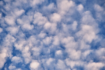 Bright landscape of white puffy clouds spread on blue clear sky