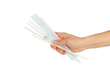 Colored drinking straws in the hand on white background