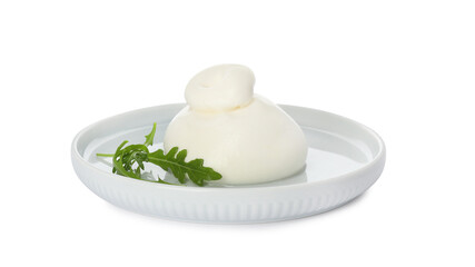 Delicious burrata cheese with arugula on white background