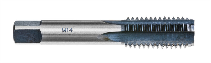 Closeup of bottoming or plug tap cutter isolated on a white panoramic background. One sharp metric...
