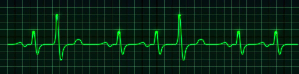 Heart beat pulse monitor, green electric wave signal, oscilloscope graph. Electrocardiogram line graph with light glow effect. Technology vVector illustration