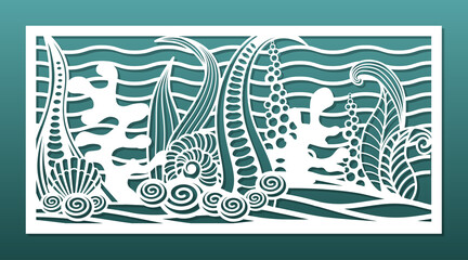 Laser cut panel with ocean underwater design. CNC cutting template, wall art, room privacy screen, wall hanging, for home interior. Undersea world, coral reef, weeds, seashells. Vector illustration