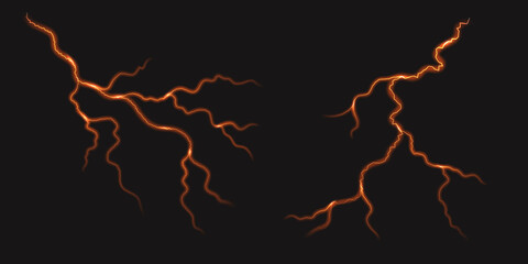 Earthquake thunderstorm cracks. Fire lava, molten magma,  volcano earth breaks. Lightning thunder bolt, glow effect. Volcanic red strikes isolated. Vector illustration.