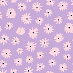 Minimalistic ditsy daisy seamless repeat pattern. Random placed, vector pink and lilac floral all over surface print. 