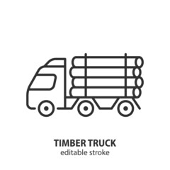 Timber truck with lumber vector line icon. Logging truck with logs symbol. Editable stroke.