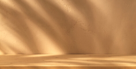 Wooden table mockup on stucco background with branch shadows on the wall. Mock up for branding products, presentation and health care..