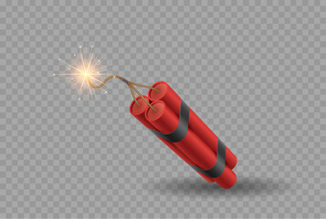 Realistic detailed 3d bunch of red detonate dynamite bomb sticks with fire flash on fuse - obrazy, fototapety, plakaty