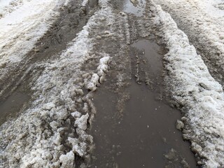 melted dirty snow on city streets photo in the daytime.
