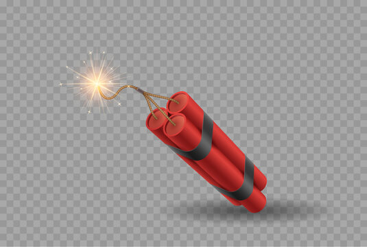 Realistic detailed 3d bunch of red detonate dynamite bomb sticks with fire flash on fuse