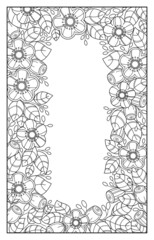 Beautiful floral frame of stylized contour black and white flowers, leaves and buds with berries.