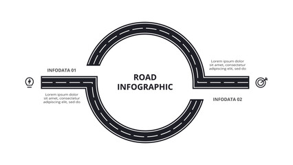Road concept for infographic with 2 steps, options, parts or processes. Business data visualization.